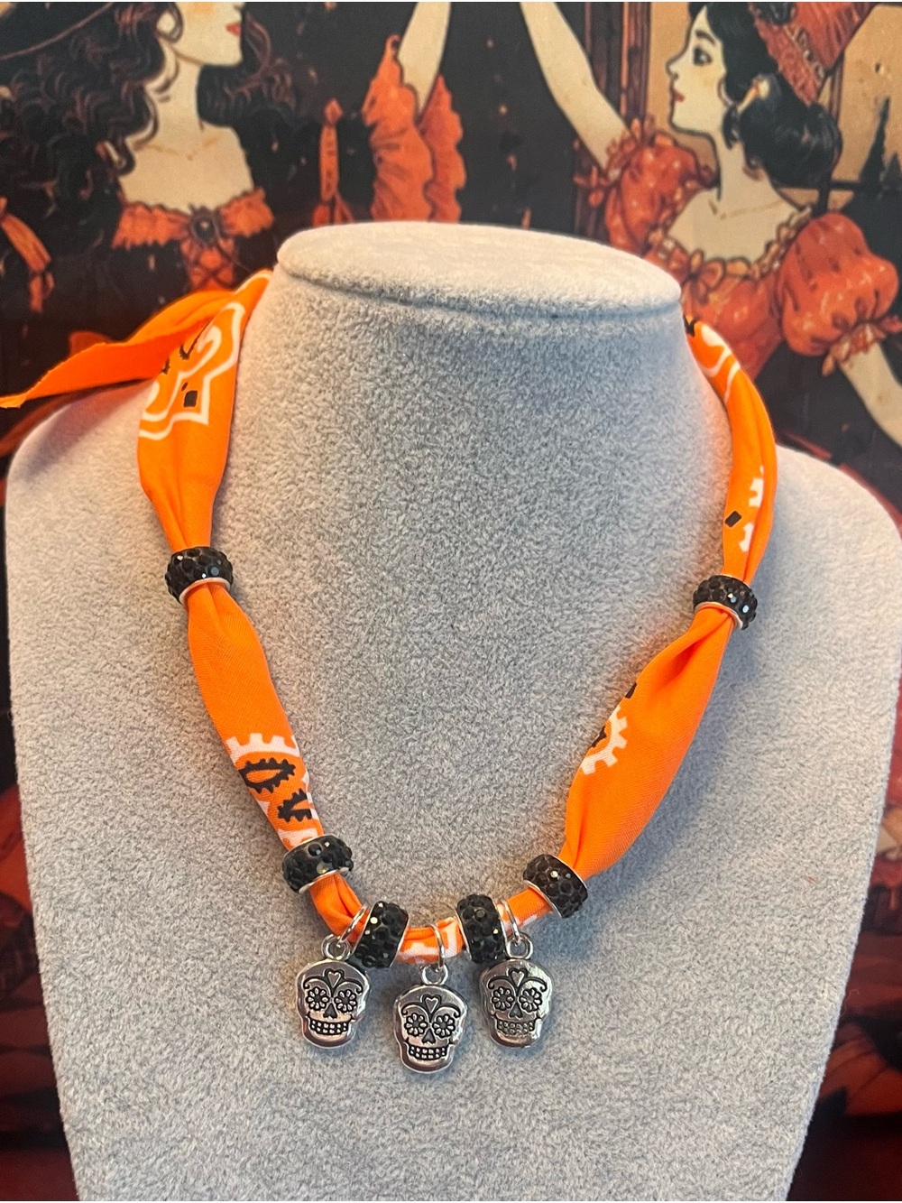 Orange Bandana Sugar Skull Charm Scarf Necklace & Wrap Bracelet